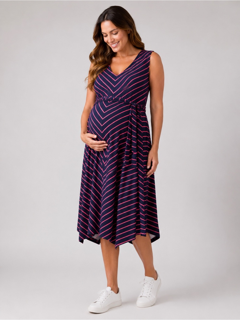 Sleeveless Navy & Pink Striped Maternity Dress